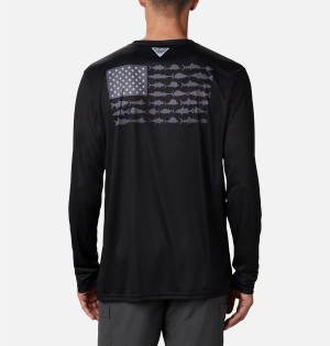 Black Columbia Terminal Tackle PFG Fish Flag Long Sleeve Men's T-Shirt | 18527MJSB