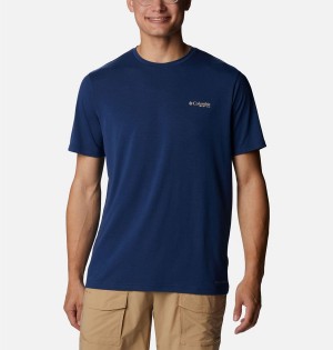 Blue Columbia PFG Fish Flag Tech Short Sleeve Men's T-Shirt | 07392ESYJ