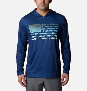 Blue Columbia PFG Terminal Tackle Fish Flag Men's Hoodie | 06935TDZQ