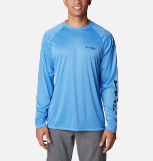 Blue Columbia PFG Terminal Tackle Heather Long Sleeve Men's T-Shirt | 93185ZRIJ