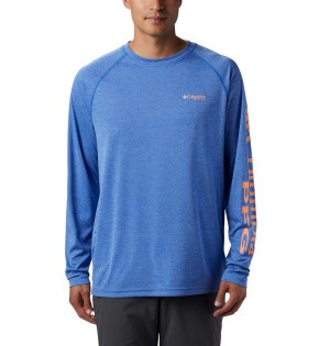 Blue Columbia PFG Terminal Tackle Heather Long Sleeve Men's T-Shirt | 40857MYWR