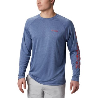 Blue Columbia PFG Terminal Tackle Heather Long Sleeve Men's T-Shirt | 17863RYZF