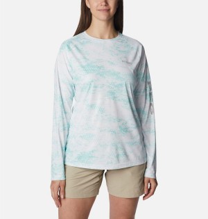 Blue Columbia PFG Tidal Deflector Printed Long Sleeve Women's T-Shirt | 94652ZMBU