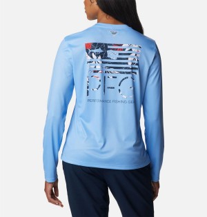 Blue Columbia PFG Tidal Fish Star Long Sleeve Women's T-Shirt | 05192TXRC