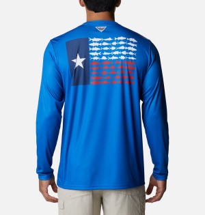 Blue Columbia Terminal Tackle PFG Fish Flag Long Sleeve Men's T-Shirt | 29105CWGL