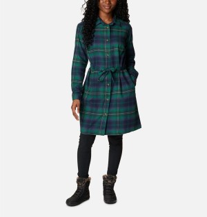 Green Columbia Holly Hideaway Flannel Women's Dress | 42365QYJK