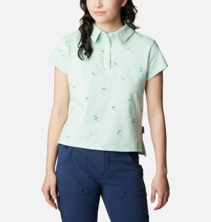 Green Columbia PFG Super Sun Drifter Short Sleeve Polo Women's T-Shirt | 98403MFJD