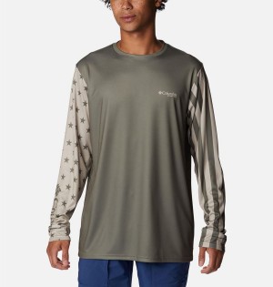 Green Columbia PFG Terminal Tackle Americana Long Sleeve Men's T-Shirt | 14386IUDK