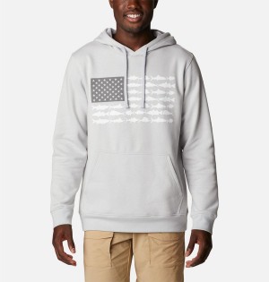 Grey Columbia PFG Fish Flag II Men's Hoodie | 64782EYBC