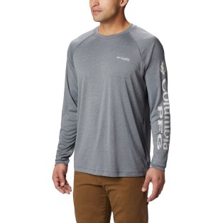 Grey Columbia PFG Terminal Tackle Heather Long Sleeve Men's T-Shirt | 87493STFN