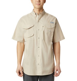 Khaki Columbia PFG Bonehead Short Sleeve Men's Shirt | 68279CDLQ