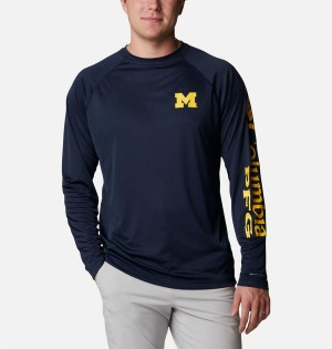 Navy Columbia Collegiate PFG Terminal Tackle Long Sleeve - Michigan Men's T-Shirt | 87541GAPQ