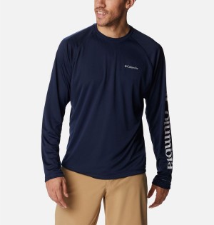 Navy Columbia Fork Stream Long Sleeve Men's T-Shirt | 08452VAHW