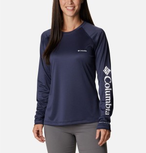 Navy Columbia Fork Stream Long Sleeve Women's T-Shirt | 34872UWCZ