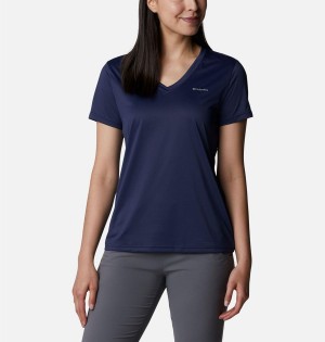 Navy Columbia Hike Short Sleeve V-Neck Women's T-Shirt | 40259CTZF