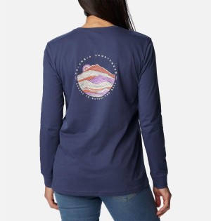 Navy Columbia North Cascades Back Graphic Long Sleeve Women's T-Shirt | 05963ALRI