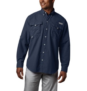 Navy Columbia PFG Bahama II Long Sleeve Men's Shirt | 78345GYQN