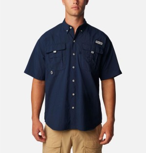 Navy Columbia PFG Bahama II Short Sleeve Men's Shirt | 72910OAED