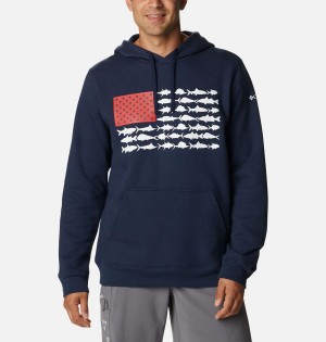 Navy Columbia PFG Fish Flag II Men's Hoodie | 95231RCMI