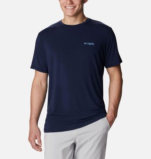 Navy Columbia PFG Fish Flag Tech Short Sleeve Men's T-Shirt | 48926FOHR