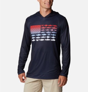 Navy Columbia PFG Terminal Tackle Fish Flag Men's Hoodie | 76129YHCN