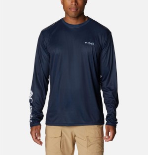 Navy Columbia PFG Terminal Tackle Fish Star Long Sleeve Men's T-Shirt | 90123DIHS