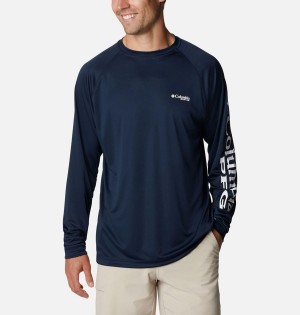 Navy Columbia PFG Terminal Tackle Long Sleeve Men's T-Shirt | 41250WVOX