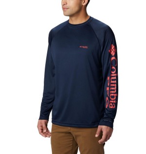 Navy Columbia PFG Terminal Tackle Long Sleeve Men's T-Shirt | 49187OHXP