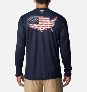 Navy Columbia PFG Terminal Tackle Statetriot Long Sleeve Men's T-Shirt | 72846MAQP