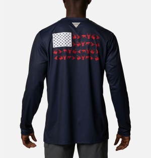 Navy Columbia PHG Terminal Shot Game Flag Long Sleeve Men's T-Shirt | 80275XSAJ