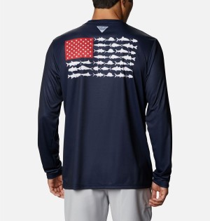 Navy Columbia Terminal Tackle PFG Fish Flag Long Sleeve Men's T-Shirt | 50637IHKU