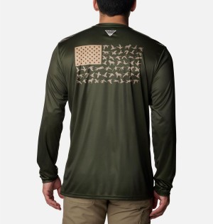 Olive Columbia PHG Terminal Shot Game Flag Long Sleeve Men's T-Shirt | 70849FLAE