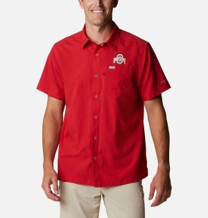 Red Columbia Collegiate PFG Slack Tide Camp - Ohio State Men's Shirt | 26714OJIY