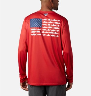 Red Columbia Terminal Tackle PFG Fish Flag Long Sleeve Men's T-Shirt | 96031RGIK