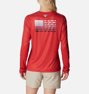 Red Columbia Tidal PFG Fish Flag Long Sleeve Women's T-Shirt | 06835KWYR