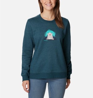 Turquoise Columbia Hart Mountain II Graphic Crew Women's Pullover | 34650ZEKN