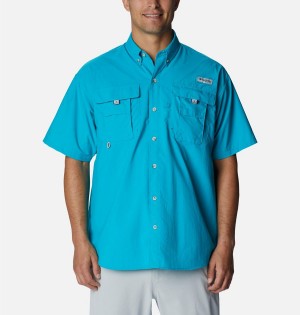 Turquoise Columbia PFG Bahama II Short Sleeve Men's Shirt | 74352DHML