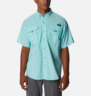 Turquoise Columbia PFG Bahama Icon Short Sleeve Men's Shirt | 54693GTSE