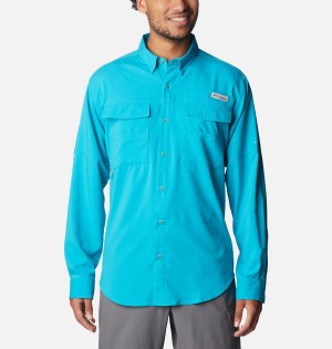 Turquoise Columbia PFG Blood and Guts IV Woven Long Sleeve Men's Shirt | 13948CUJG