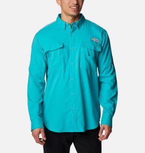 Turquoise Columbia PFG Blood and Guts IV Woven Long Sleeve Men's Shirt | 82105LDYW