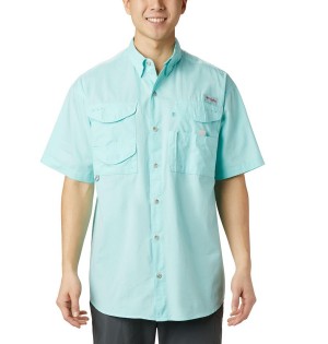 Turquoise Columbia PFG Bonehead Short Sleeve Men's Shirt | 76492NRHU