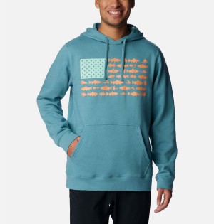 Turquoise Columbia PFG Fish Flag II Men's Hoodie | 83641EOLC