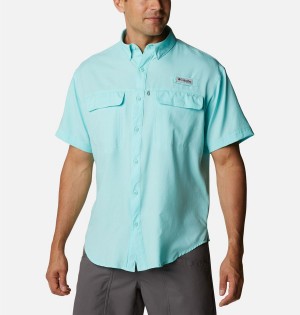 Turquoise Columbia PFG Skiff Guide Woven Short Sleeve Men's Shirt | 21896MUEV