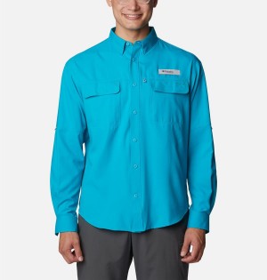 Turquoise Columbia PFG Skiff Guide Woven Long Sleeve Men's Shirt | 58136BGVA