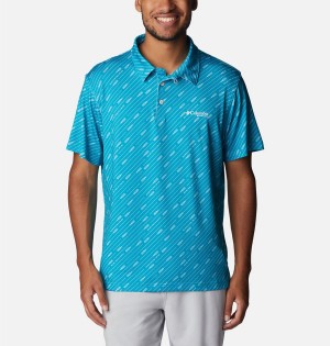 Turquoise Columbia PFG Super Slack Tide Stretch Men's Polo Shirt | 48563PITA