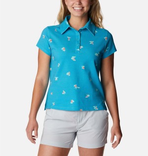 Turquoise Columbia PFG Super Sun Drifter Short Sleeve Polo Women's T-Shirt | 09236WLED