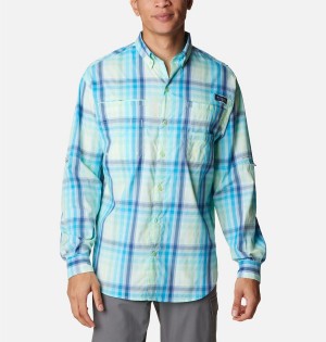 Turquoise Columbia PFG Super Tamiami Long Sleeve Men's Shirt | 49531VQNX