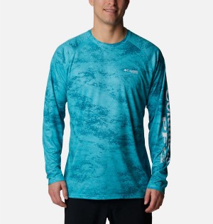 Turquoise Columbia PFG Super Terminal Tackle Long Sleeve Men's T-Shirt | 40531GLSD