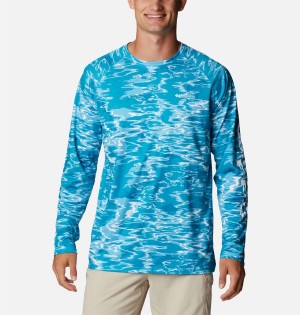 Turquoise Columbia PFG Super Terminal Tackle Long Sleeve Men's T-Shirt | 18460GONH