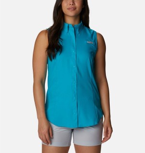 Turquoise Columbia PFG Tamiami Sleeveless Women's Tank Top | 21498JUVO